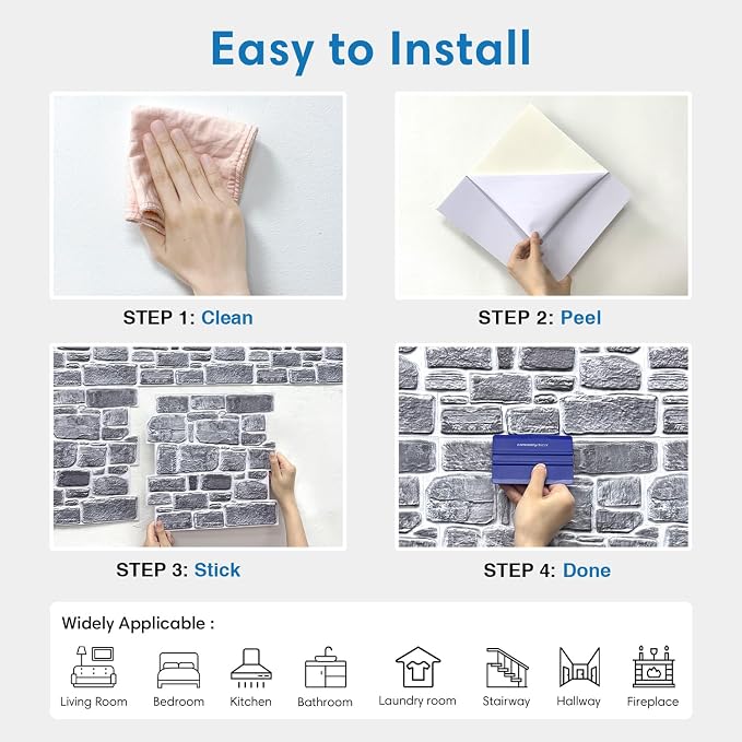 COMSTICKC 3D Faux Stone Wall Panels Peel and Stick, 10 Pcs 11.8" x 11.8" | Not Real Stone Wallpaper, Fake Stone Decorative Tiles Wall Covering for Quick DIY Wall Upgrades, Cover 9.7 sq ft - Image 8