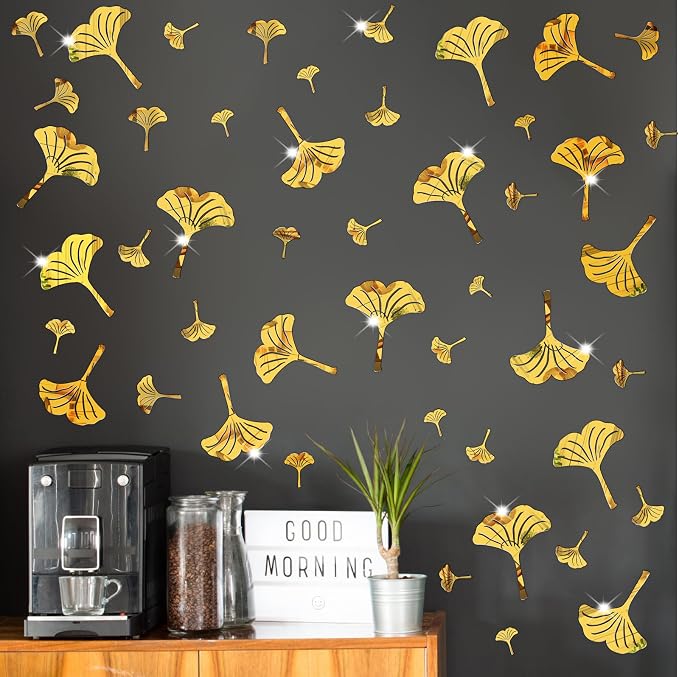 Golden Wall Leaves Decals Peel and Stick Modern Golden Acrylic Mirror Decal | Wall stickers, removable vinyl art murals, nordic plant decor, for living room bedroom bathroom kitchen farmhouse home decor - Image 3
