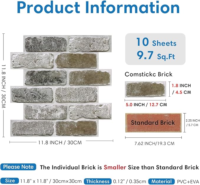 COMSTICKC 3D Faux Brick Wall Panels Peel and Stick, 10 Pcs 11.8" x 11.8" | Vintage Brown Gray, Not Real Brick, Small Size Ultra-Light Thin PVC 3D Fake Brick Wall Sticker for DIY Decor, Cover 9.7 sq ft - Image 5
