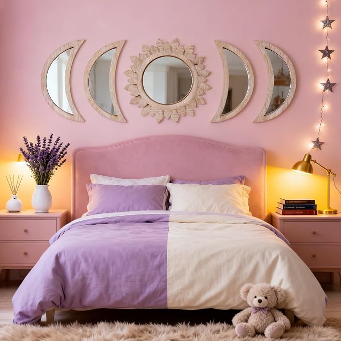 5 Pieces Moon Phase Mirror Wall-Mounted Wall Decor Mirrors Natural Wooden Sunburst Bohemian Wall Art for Home Living Room Bedroom Decoration - Image 8