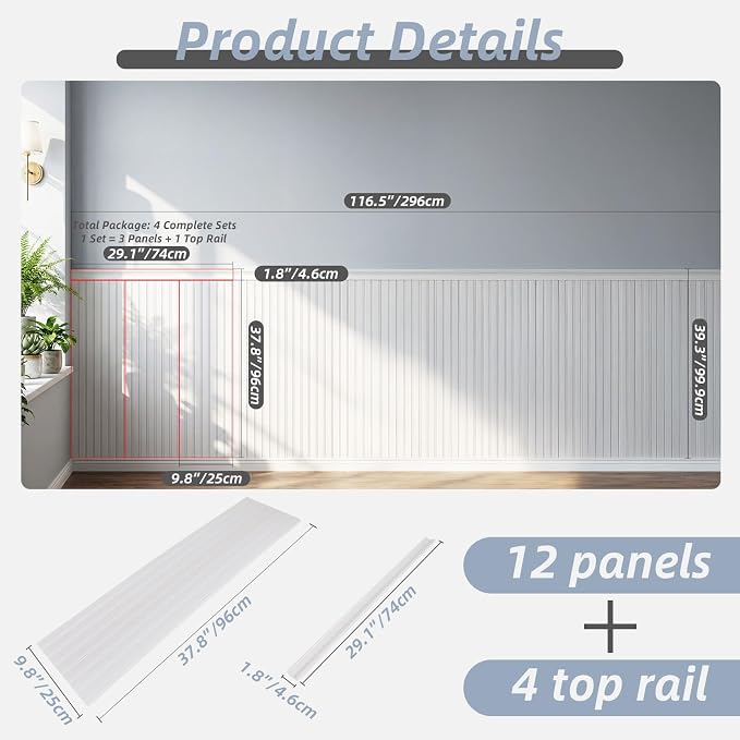 QUTREY Wainscoting Panels White 12 Pack, Board and Batten Wall Panel kit Panels Cover 39.6x117.6 Inch, 3D Wall Panels for Interior Wall Decor, TV Background, Living Room, Office - Image 2