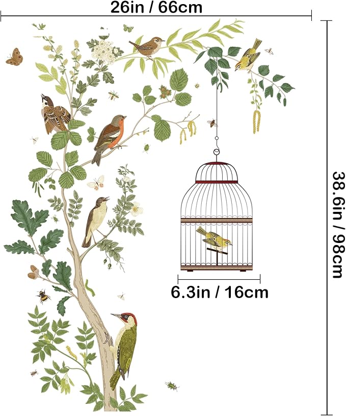 Removable Bird on Bracnch Wall Stickers, DIY Romantic Birdcage Decor Tree Wall Murals Peel and Stick Wall Art Stickers Home Decor for Gilrs Bedroom Nursery Rooms Living Room - Image 2