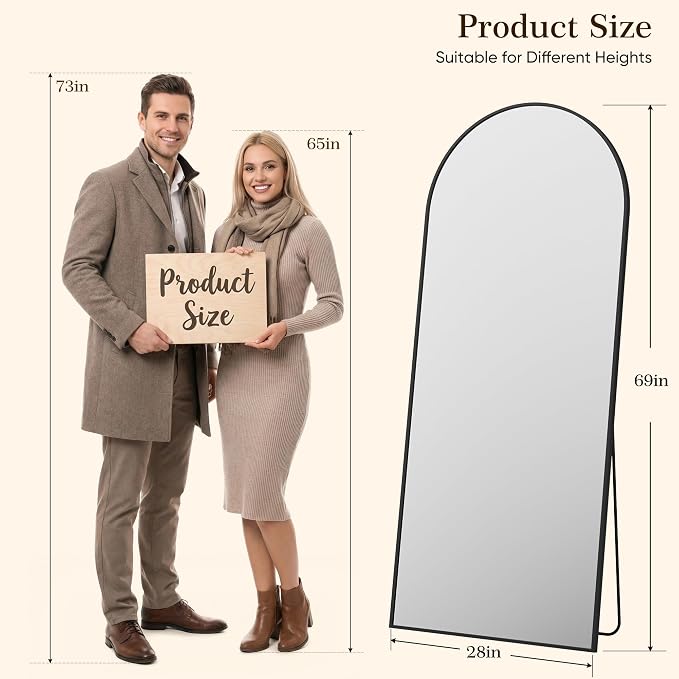 69"x28" Arched Full Length Mirror, Full Body Floor Mirror, Black - Image 2