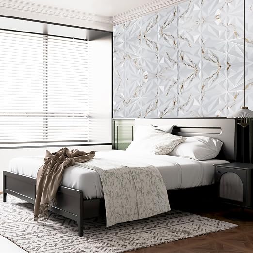 Art3dwallpanels 33 Pack 3D Wall Panel Diamond for Interior Wall Décor, PVC Textured Wall Panels, 12''x12'' Cover 32.Sq.Ft. Gold Veined White | PVC Accent Wall Panels for Interior Wall Decor, Living Room Lobby Bedroom Hotel Office - Image 4