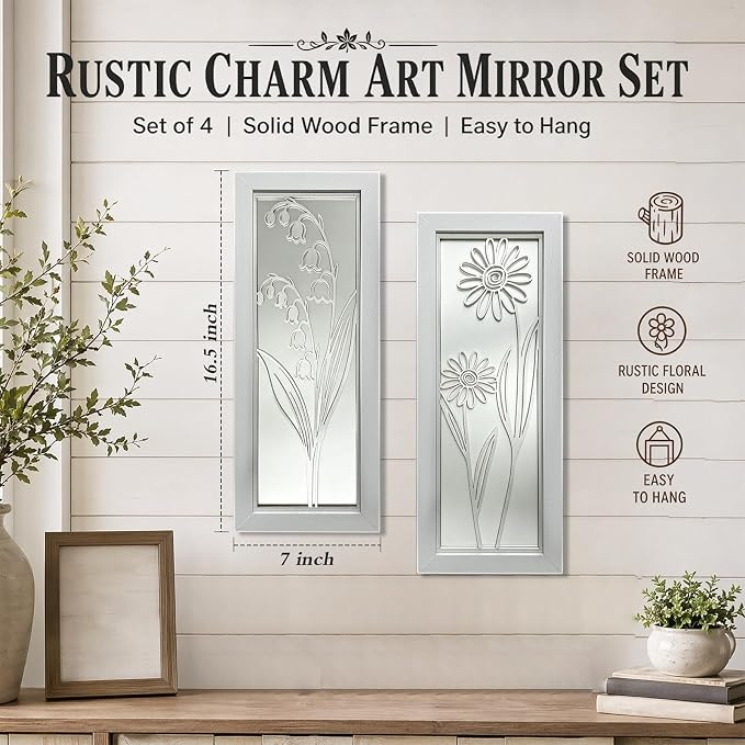 4 Set Farmhouse Mirrors for Wall Decor Living Room Bedroom Bathroom Entryway Wood Rustic Decorative Framed Hanging Wall-Mounted Accent Mirror Mounted Style - Distressed White 16.5 in - Image 2