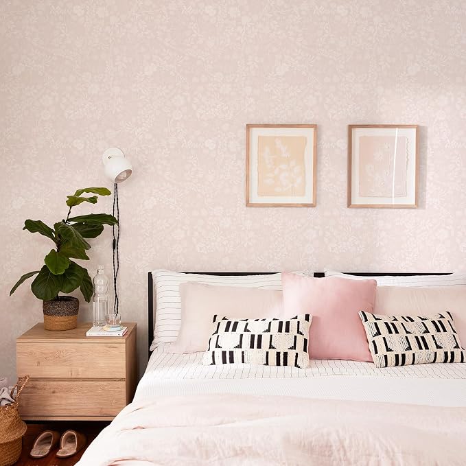 Guvana Pink and White Peel and Stick Wallpaper Floral Wallpaper Slef Adhesive Removable Waterproof Contact Paper Boho Wall Paper for Living Room Bedroom Stair Kitchen Bathroom 17.3''x394'' - Image 3