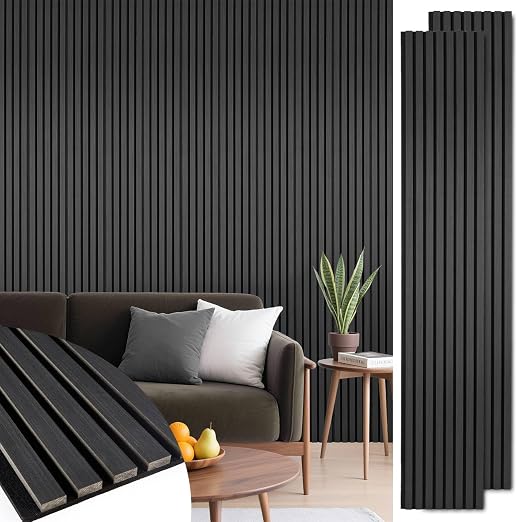 Acoustic Wood Slat Panels 2 Pack 106" x 12.6", Soundproof Wooden Wall Panels, 3D Fluted Panel for Interior Wall Decor, Living Room, Bedroom - Black (Cover Approx. 19 sq.ft) by LARWORKS
