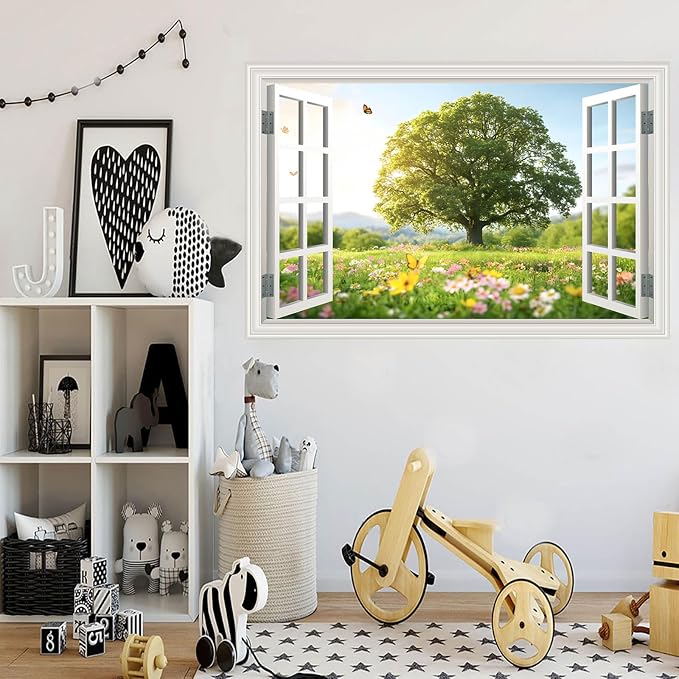 Fake Window Wall Decal Sping Green Tree Grassland Flower Forest Landscape Mural Faux Window Sticker Poster Decals Open Office Art Picture Room Decor Stick and Peel Natural Scenery Scene 48"x32" - Image 9