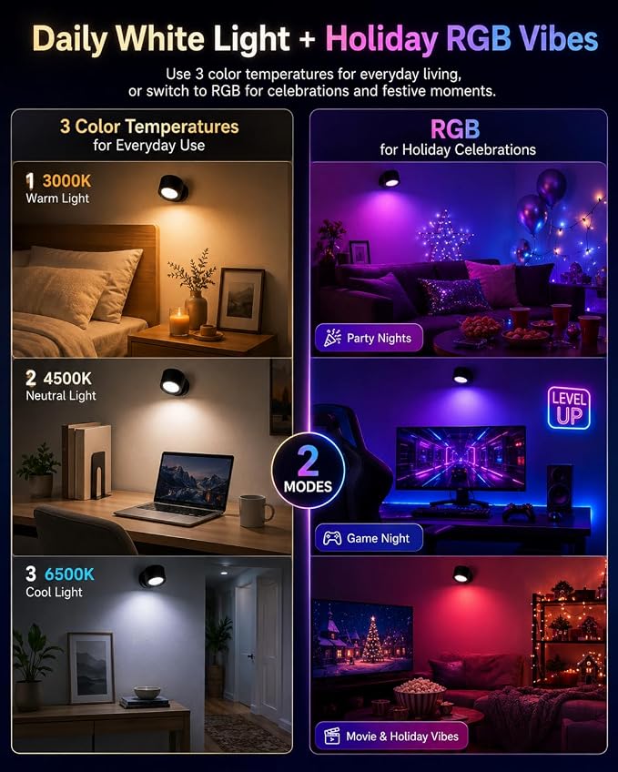 Rechargeable RGB Wall Sconces with Remote, Ambient Lighting, 3 Pack | 80 RGB Colors, 3 Color Temperatures, Remote and Touch Control, Ideal for Gaming Rooms and Bedrooms - Image 3