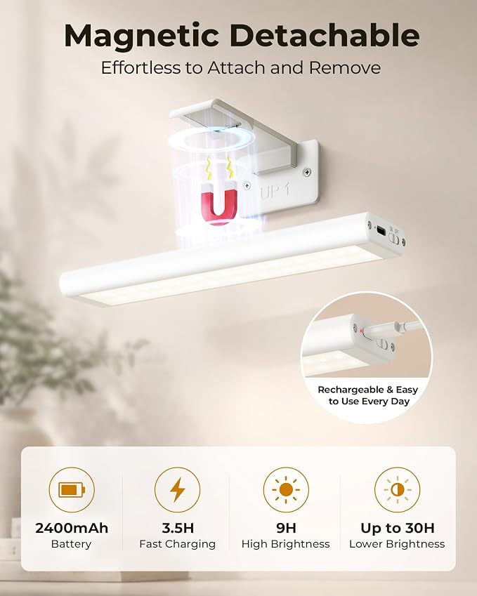 EZVALO Picture Light for Wall, Rechargeable 2400mAh Lights Wireless with IR Remote, 3 Color & Dimmable Magnetic 7.8'' LED Lights Display for Painting, Living Room, Gallery, Bedroom(White-3P) - Image 7
