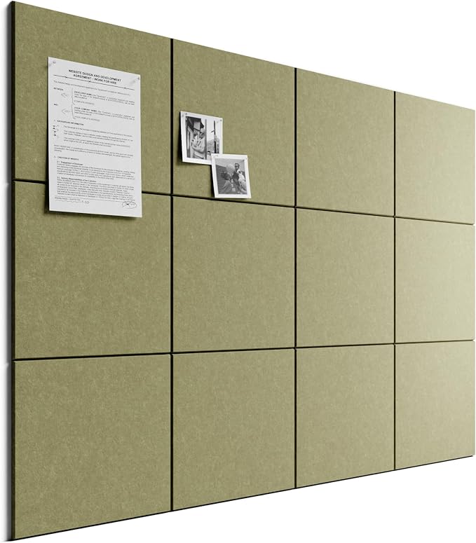 Bumusty 48"x 36" Large Felt Bulletin Board Tiles, Olive Green | 12-Pack Cork Board Alternative, Wall Decor, 30 Pushpins, 60 Adhesive Tabs, Vision Board, Office, Classroom, Home, Dorm by BUMUSTY