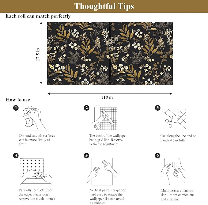 Laatse Vintage Floral Peel and Stick Wallpaper 17.5"x 118", Gold Black | Self Adhesive/Removable/Waterproof/Thick Vinyl Contact Paper for Bathroom Bedroom Shelf Cabinet Drawer,Prepasted,Easy Peel - Image 8