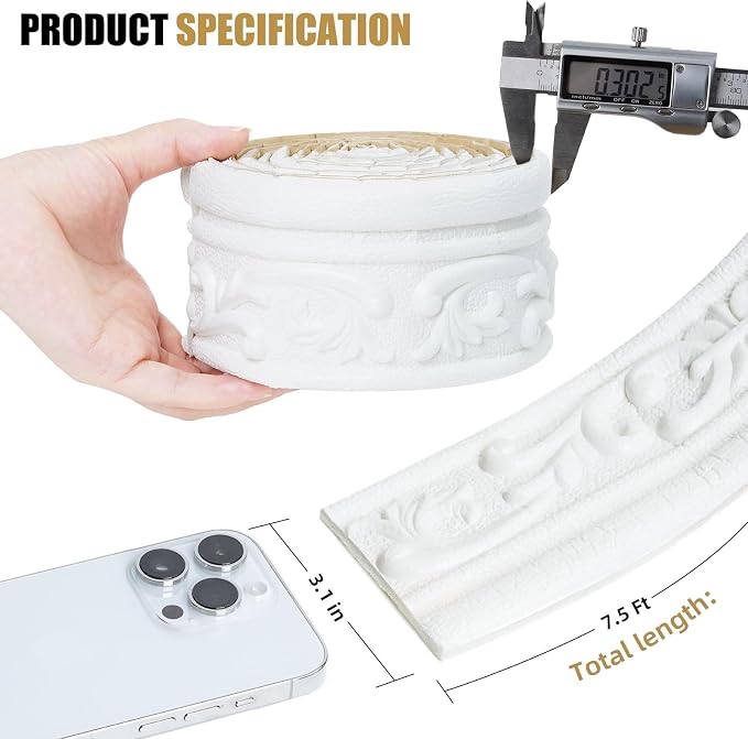 90" x 3.1" Peel Stick Foam Molding Trim Self Adhesive, Crown Molding Wallpaper Border Flexible, 3D Wall Edging Lines Foam Baseboard, Wall Base Moulding Trim for Home, Hotel DIY Decoration - Image 2