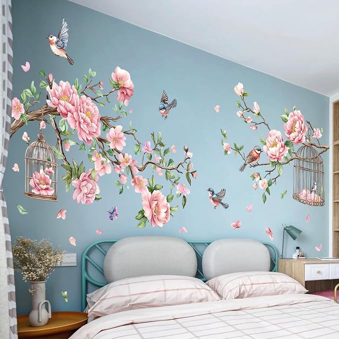 Removable Large Flowers with Tree Branches Wall Stickers – DIY Peony Floral Birds Wall Decals, Peel and Stick Leaves & Birdcage Wall Decor for Kids Girls Bedroom, Nursery, Living Room, Classroom by AMAMAONM