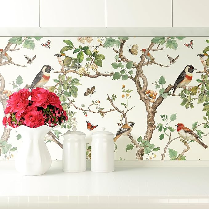 Nukofal Vintage Peel and Stick Wallpaper Bird Contact Paper 16.9inx196.8in | Floral Peel and Stick Wallpaper Floral Bird Wallpaper Boho Self Adhesive Removable Wall Paper for Bathroom Wall Decorative - Image 8