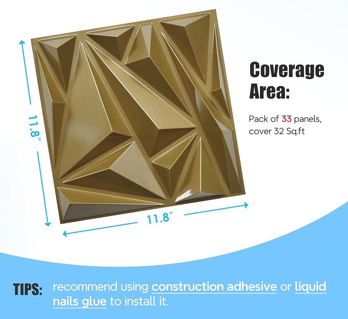 STICKGOO 3D Wall Panels for Interior Wall Decor, 12''x12'', PVC, 33 Pack | Brushed Gold Diamond Design, Waterproof Accent Wall Panels for Bedroom, Gaming, Living Room, TV Background, Cover 32.Sq.Ft - Image 6