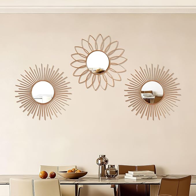 3 Pack Metal Mirrors for Wall Sunburst Wall Mirrors Home Décor Decorative Hanging Wall Art for Living Room Bedroom Entryway (Rose Gold2, Flower+Sunburst) - Image 6