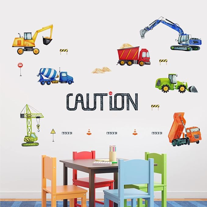 Mfault Baby Boys Construction Caution Vehicle Wall Decals Stickers | Large Trucks Tractor Excavator City Nursery Playroom Decorations Kids Room Art, Classroom Bedroom Home Decor Birthday Gift - Image 5