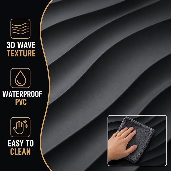 Chunful 30 Pcs 28.81 Sq ft 3D Wall Panels PVC Wave Design,11.8" x 11.8" Wall Panels Brick Wallpaper Waterproof for Interior Living Room Bedroom Decor(Black) | 11.8" x 11.8" Peel and Stick, Wall Panels, Brick, Wallpaper Waterproof, for Interior Living R... - Image 5