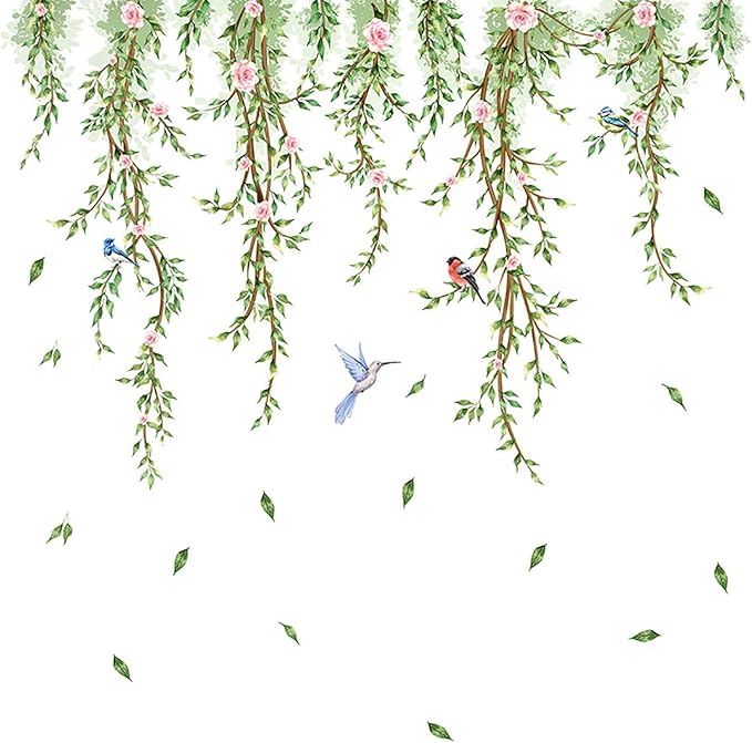 Hanging Vine Wall Decals with Birds Green Leaves Flowers | Removable, Peel and Stick, Forest Wall Art, For Bedroom Living Room Nursery Bathroom Kitchen by Unknown