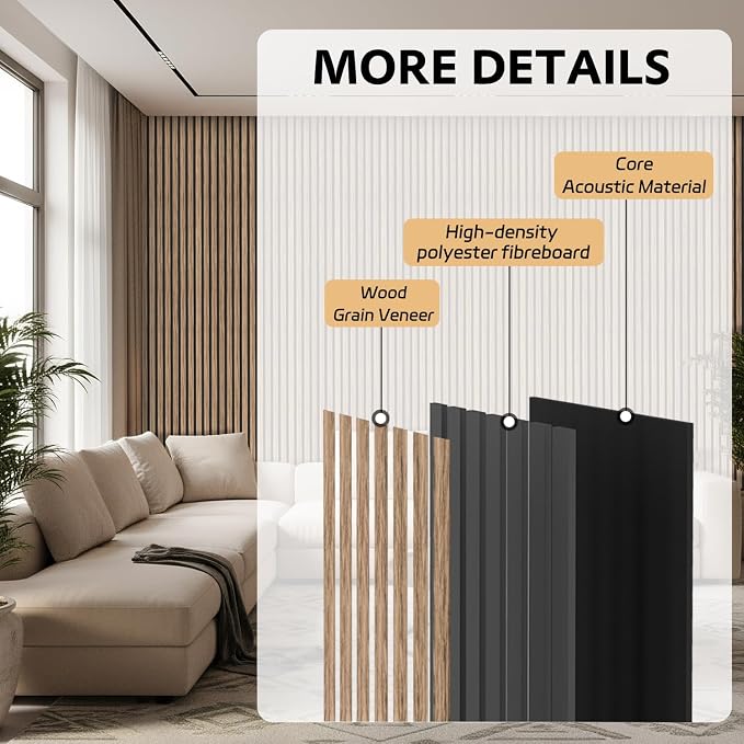 4 Pack Wood Panels for Wall, 106.3" × 11" Wood Slat Acoustic Panels for Wall, Soundproof Panels, 3D Fluted Panels for Interior Wall Decor (Natural Walnut) - Image 4