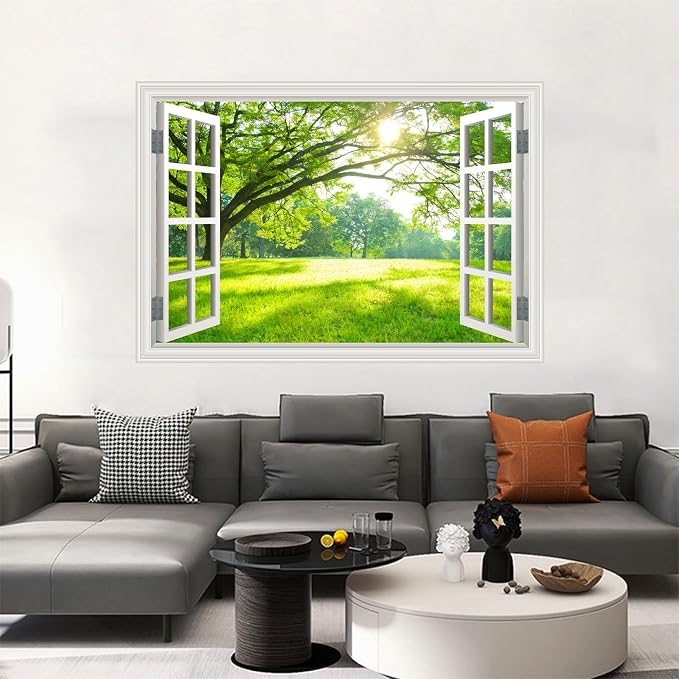 Fake Window Wall Mural Green Forest Tree Wall Art Poster Faux Window Wall Sticker for Office Home Room Decor, Peel and Stick Wall Decals 24" x 16" - Image 2