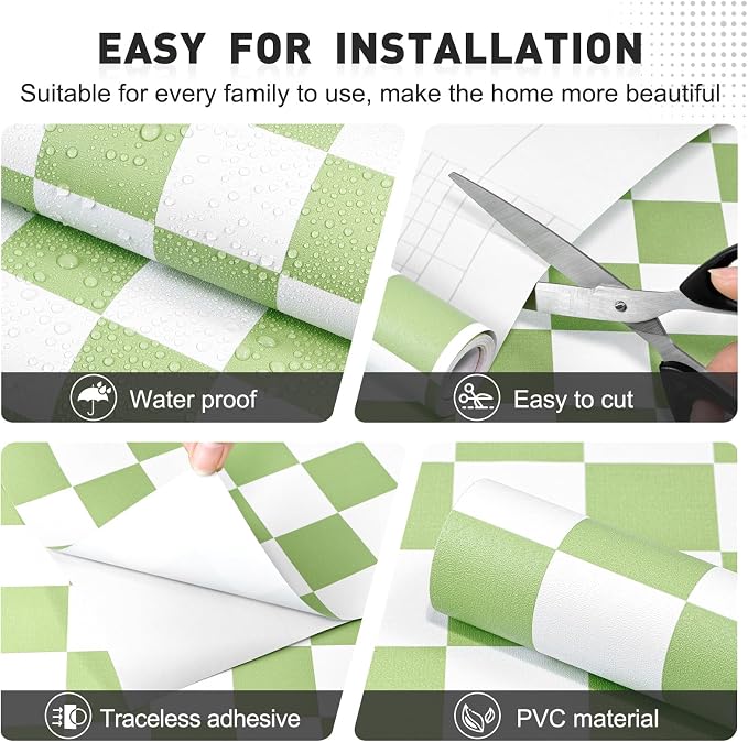 Green and White Contact Paper Mosaic Checkered Peel and Stick Wallpaper 17.3"x200" Self Adhesive Waterproof Vinyl Roll for Bathroom Kitchen Backsplash Cabinets Shelf Liners Drawers - Image 2