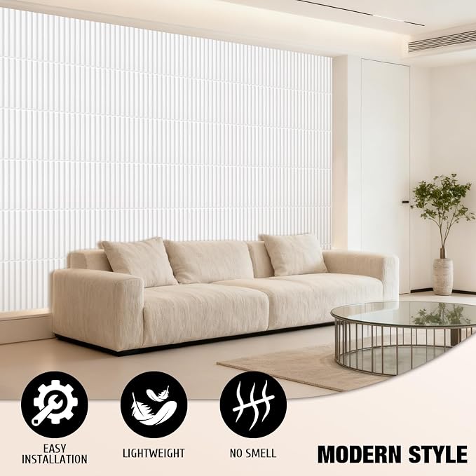 Qidejoy 33 Pcs 3D White Wall Panels for Interior Wall Decor, 12X12in | Fluted Textured Paneling Modern Decorative Tiles Cuttable Paintable DIY Wall Art for Bedroom, TV Background, Bathroom - Image 5