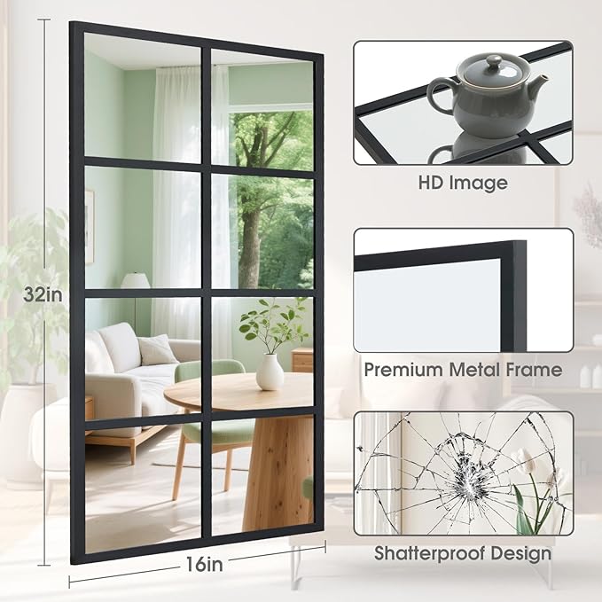 DUMOS Wall Mirrors 16" x 32", Set of 2 Rectangle Window Pane Decorative Mirrors, Black Metal Framed Wall Mounted Mirror for Bathroom, Bedroom, Entryway - Image 2
