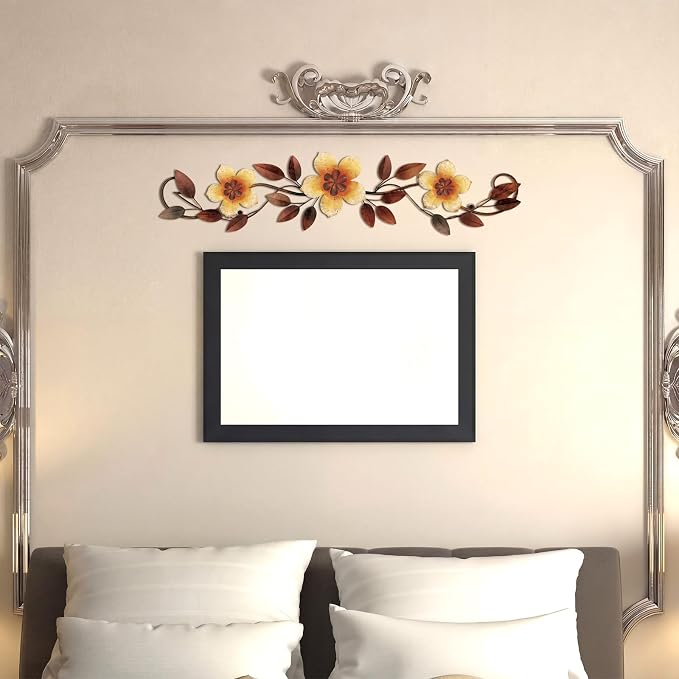 Wesiti Metal Flower Wall Decor Wrought Iron Scroll 15.7x3.7,Yellow | Vintage Metal Flower decor,Farmhouse Leaf Art with Nails, Flat Not 3D Design, For Bedroom Kitchen Indoor Outdoor Wall Decor - Image 5