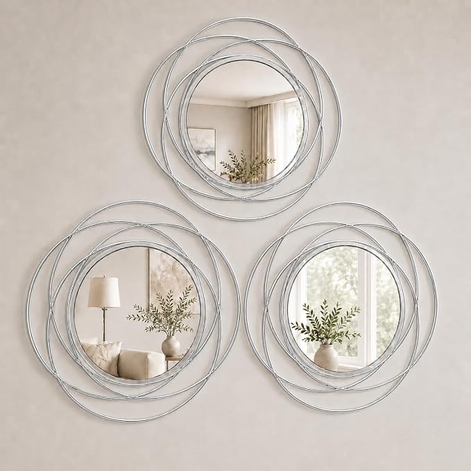 Silver Sunburst Mirror 12x12 Inch, Metal Sun Wall Decor, Small Round Decorative Wall Mirror for Living Room, Bedroom, Entryway, Bathroom by HMANGE