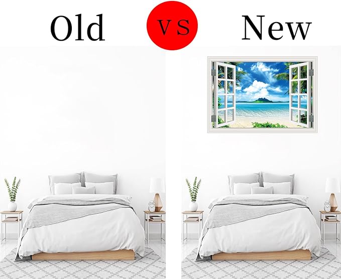 ‌Lmyhome Fake Window Wall Mural Blue Sky Ocean Beach (16"x24") | Peel and Stick Faux Window Wall Sticker Decal Poster for Bedroom Home Decor - Image 5