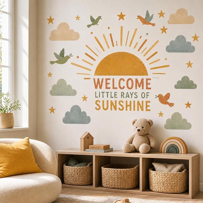 Boho Sun Wall Decal Watercolor Modern Half Sun Wall Decal Sun Cloud Birds Wall Stickers Vinyl Sticker for Classroom Playroom Bedroom Wall Decor - Image 6