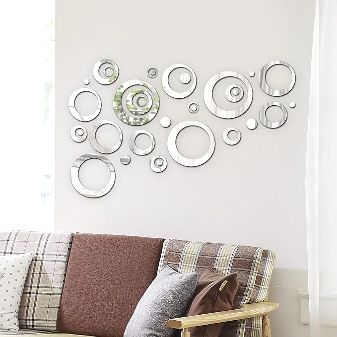 Shappy 32 Pcs Round Mirror Stickers for Walls, Silver | 1.5-13.5 cm, Acrylic Removable Peel and Stick Decals, Multi-size Set, Home Wall Decor for Bedroom Living Room - Image 5