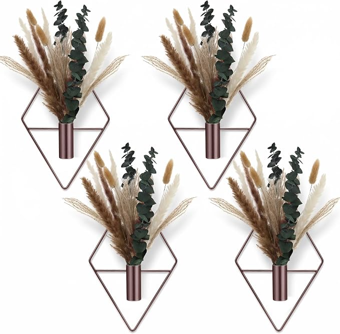 Jexine 8 Pcs Hanging Artificial Planters Wall Decor, Bronze, Pampas | Bathroom Wall Decor, Geometric Metal Vase, Indoor Plants, Living Room, Home Office, Entryway, Boho Accent, Wall Mounted by Jexine