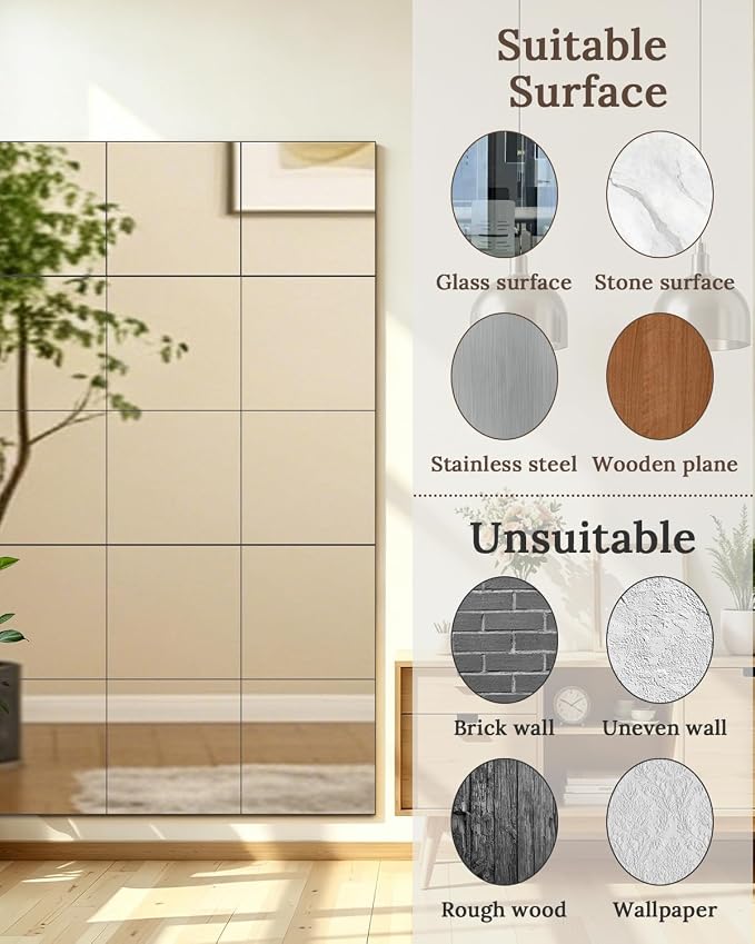 20 Pack Peel and Stick Mirror Tiles, 12x12 Inch Shatterproof Flexible Stick on Mirrors for Wall Self-Adhesive Sticker for Bedroom, Door, Bathroom, and Dance Studio Installation - Image 4