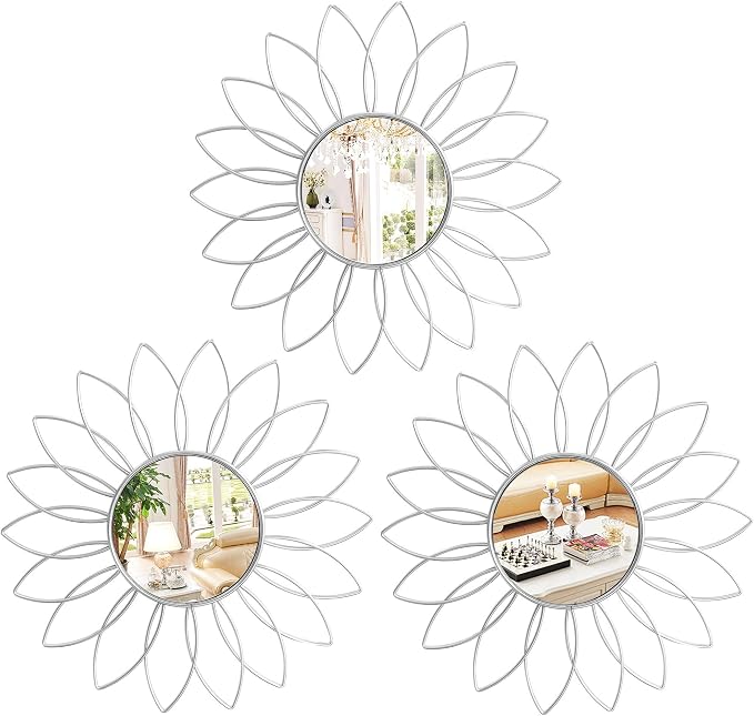 3 Pack Metal Mirrors for Wall Sunburst Wall Mirrors Home Décor Decorative Hanging Wall Art for Living Room Bedroom Entryway (Silver2, Flowers) by Uaussi