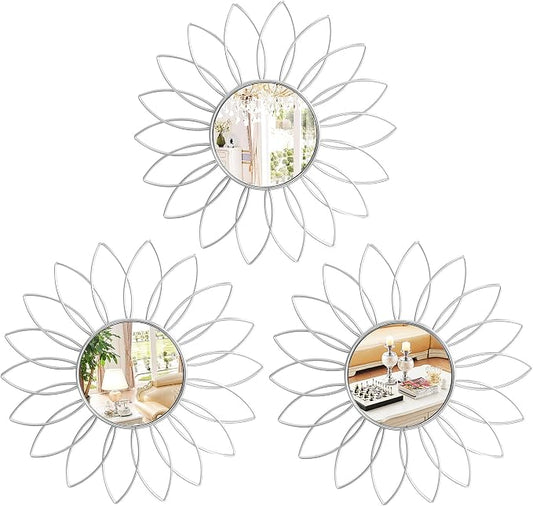 3 Pack Metal Mirrors for Wall Sunburst Wall Mirrors Home Décor Decorative Hanging Wall Art for Living Room Bedroom Entryway (Silver2, Flowers) by Uaussi