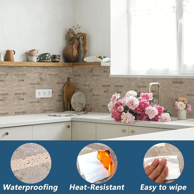 Yipscazo 10 Sheets Peel and Stick Stone Metal Tile Backsplash, Stick on Tiles for Backsplash Kitchen, Bathroom, Laundry Room, Camper, Fireplace (12'' X 12'', Beige Stone with Gold Metal) - Image 6