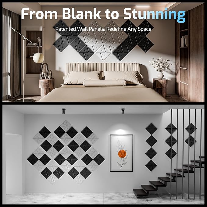 ROOME 12"x12" 3D Decorative Panels, Cuttable and DIY-Friendly Upgraded uPVC Fire-Resistant Wall Panel, Modern Wall Art Panels for Living Room, Lobby, Office, Game Room, Black, 8-Pack - Image 3