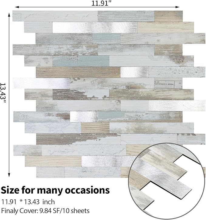 Yipscazo 20 Sheets Peel and Stick Wood Metal Tile Backsplash, Stick on Tiles for Backsplash Kitchen, Bathroom, Laundry Room, Camper, Fireplace (12'' X 12'', White Wood with Metal) - Image 6