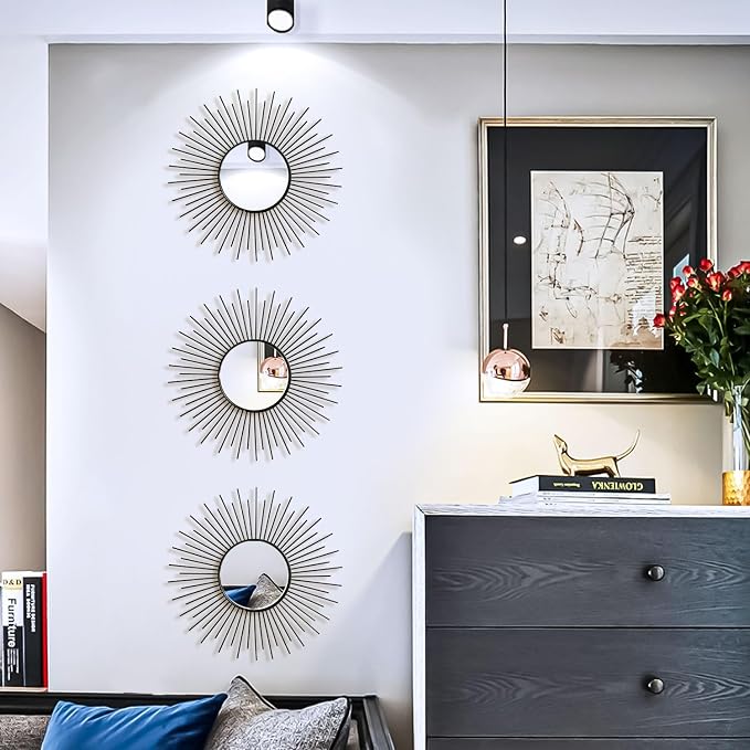 3 Pack Metal Mirrors for Wall Sunburst Wall Mirrors Home Décor Decorative Hanging Wall Art for Living Room Bedroom Entryway (Black2, Sunburst) - Image 3