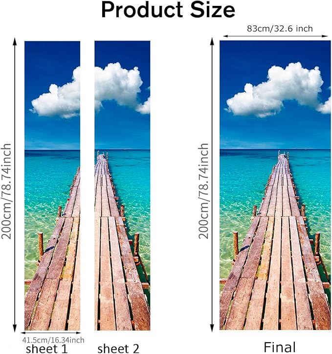 Door Stickers Peel Stick Murals-Wall Covers Decorative Decal Beach Pier | 30.3"W x 78.7"H, 3D Beach Pier Wallpaper，Waterproof Removable Opaque Vinyl Self Adhesive Fake Door Decor for Home Office - Image 2