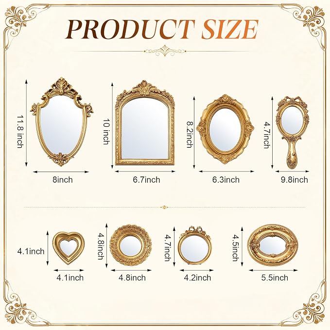 Vintage Mirror Set,11in/10in/5in/3in,Elegant Style,8 Pcs - Image 2