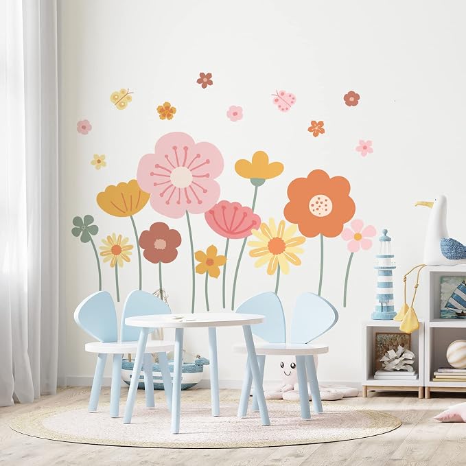 Zonon 6 Pcs Flower Wall Decals Peel and Stick Sticker, Cute | Vinyl Removable Wall Stickers & Murals, Cute Wildflower Decor for Bedroom, Cartoon Flower Wall Decals, Living Room, Nursery by Zonon