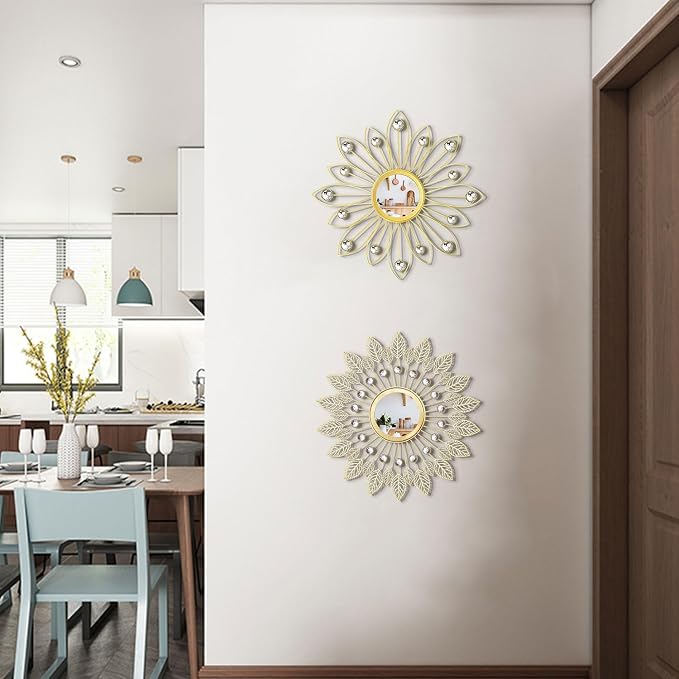 2 Pack Metal Mirrors for Wall Boho Sunburst Wall Mirror Home Decor Modern Decorative Wall Art for Bedroom Living Room Entryway - Image 2