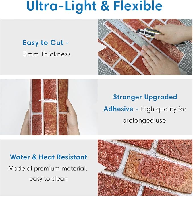 COMSTICKC 3D Peel and Stick Faux Brick Wall Panels for Quick DIY Wall Decor | Red, 10 Pcs 11.8" x 11.8", Not Real Brick, Small Size Brick, Lightweight Thin PVC Decorative Wall Sticker, Cover 9.7 sq ft - Image 5