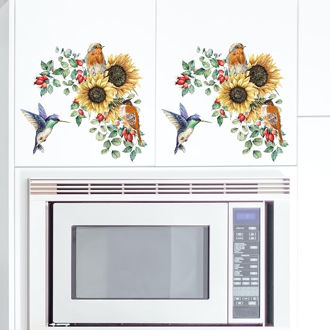 Sunflower Wall Stickers & Murals Bird Wall Decals Peel and Stick Yellow Flower Window Clings Watercolor Hummingbird Art Decor Wall Clings Kitchen Cabinet Decals for Bathroom Toilet Tank Girls Bedroom - Image 9