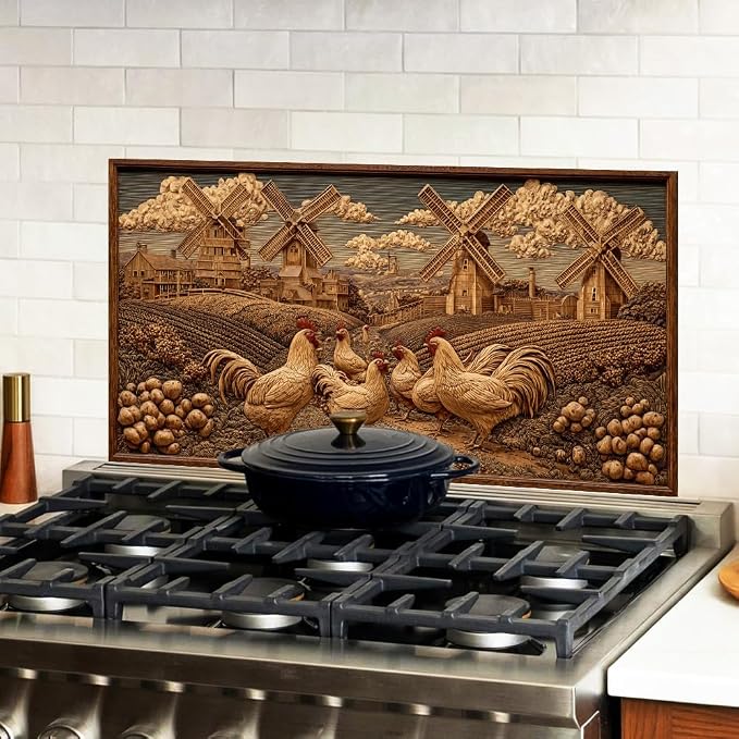 Rooster Windmill Kitchen Backsplash Peel and Stick, 30x16 in | Faux wood-carved rooster and windmill farmscape on warm walnut tones; flat 2D waterproof peel and stick; wipe clean; 30x16 in - Image 2