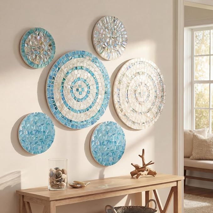 Novabright 6 Pcs Shell Wall Decor 11.8 Inches Natural Mother of Pearl Shell Plate Coastal Wall Art Mosaic Sculpture Handmade Hanging Plates Arts for Bedroom Bathroom Home Office Hotel - Image 2